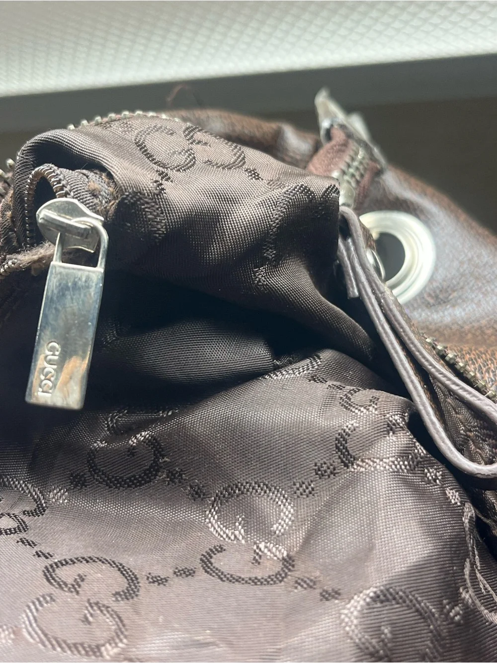Gucci Beige GG Canvas Hobo with Brown Leather and Red-Green Web Accent